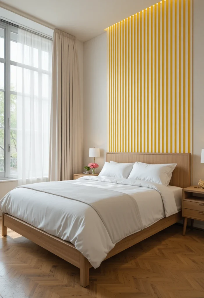 Yellow and white striped bedroom accent wall adding height and visual interest.
