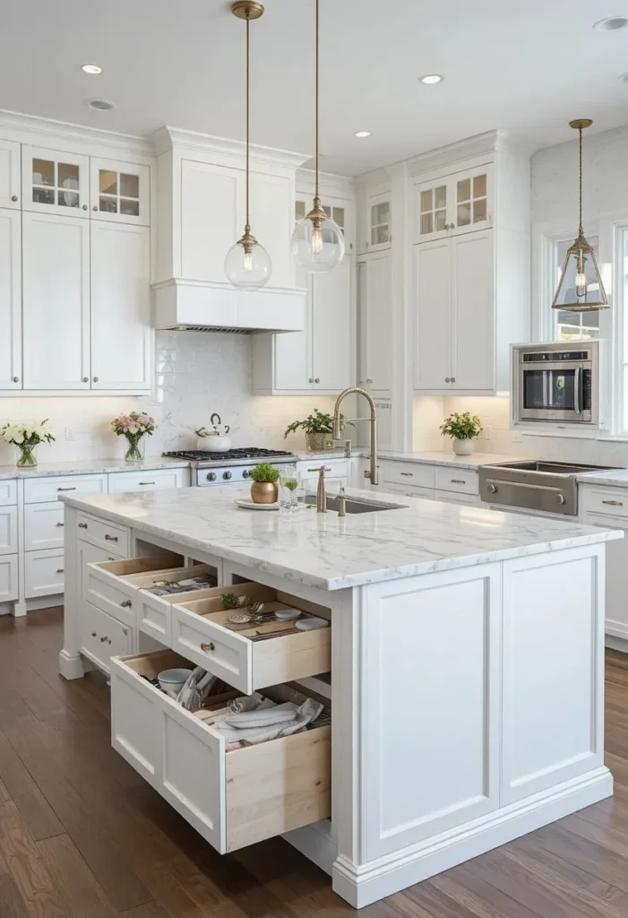Kitchen island with hidden storage drawers in a well-organized U shaped kitchen.