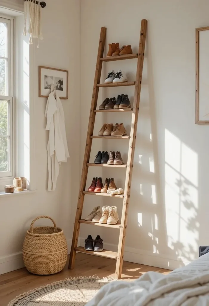 Wooden ladder rack creatively storing shoes in a small bedroom.