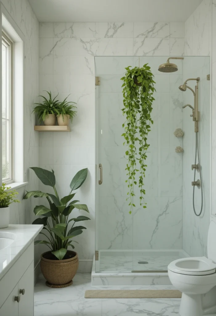 Indoor plants and eucalyptus bringing freshness and luxury to a primary bathroom.