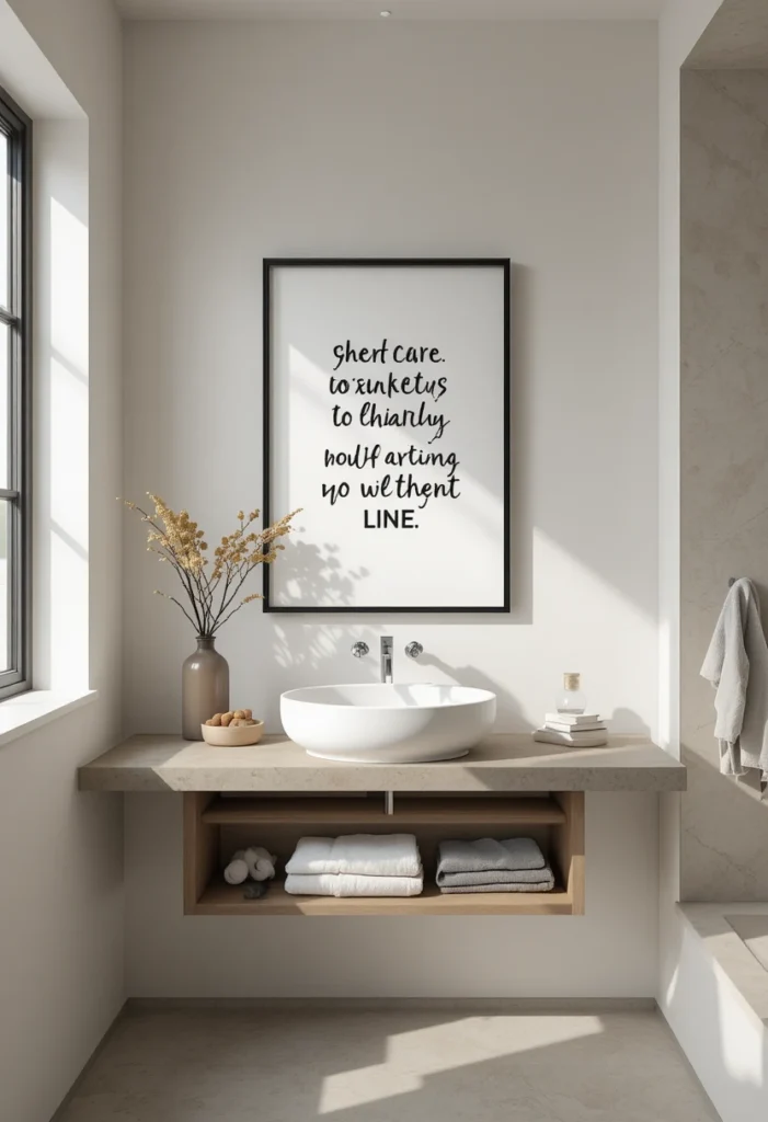 Framed inspirational quote adding personality to a bathroom.