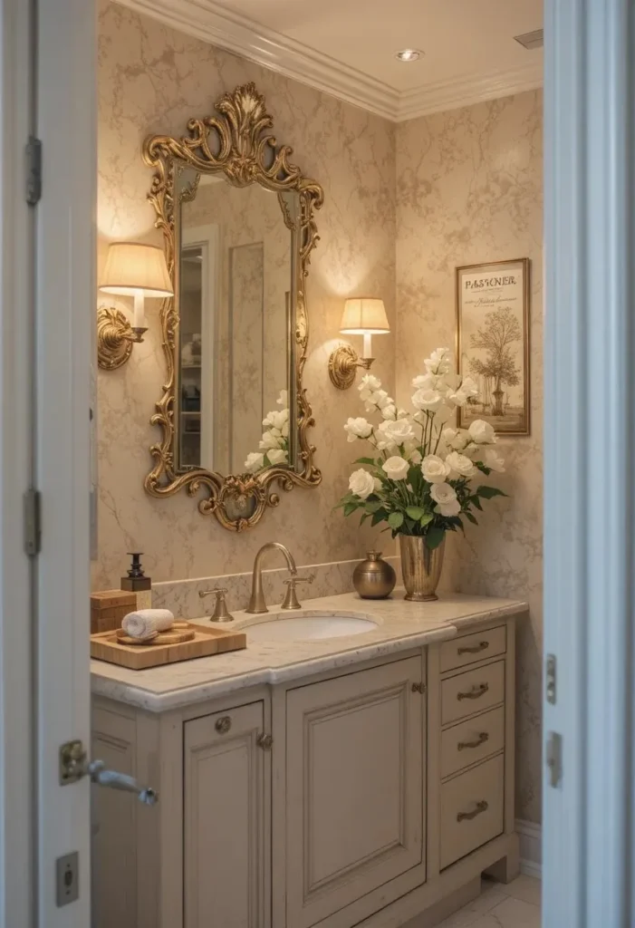 Guest bathroom with warm lighting creating a relaxing atmosphere