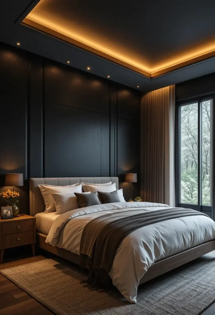 Black accent wall and ceiling creating a dramatic bedroom retreat.