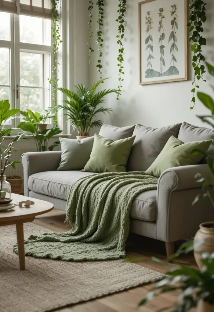 Grey couch and sage green accents creating a calm nature-inspired living room.