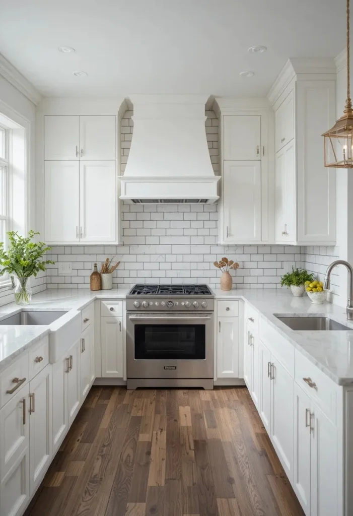 White subway tile backsplash with dark grout in a bright modern kitchen.