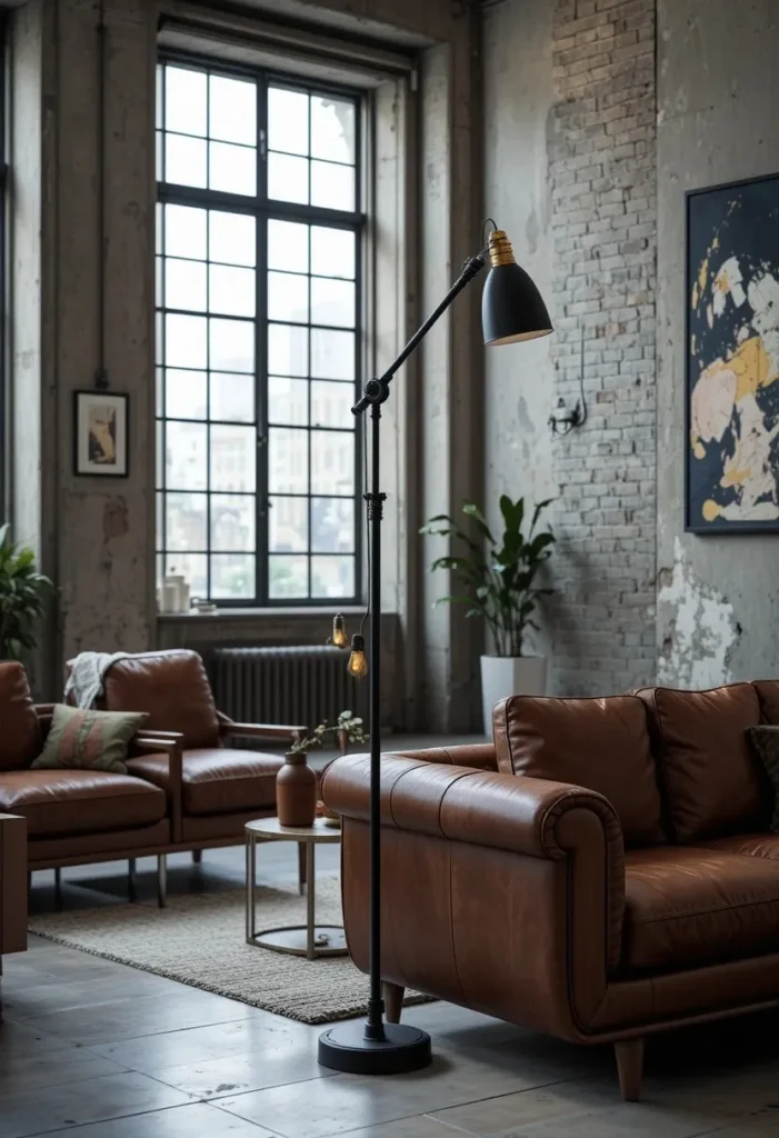 Black industrial floor lamp adding modern urban style to a living room.