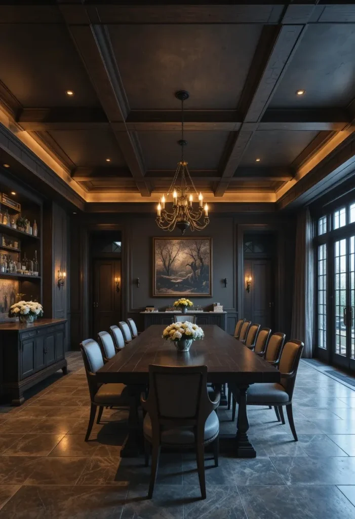 Moody dining room featuring dark stained ceiling beams for architectural drama.