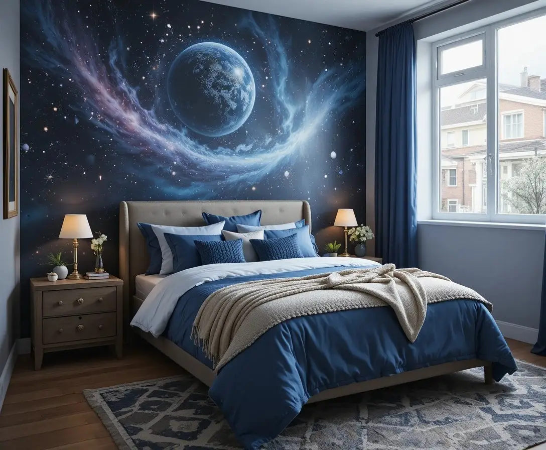 beautiful space themed bedroom look