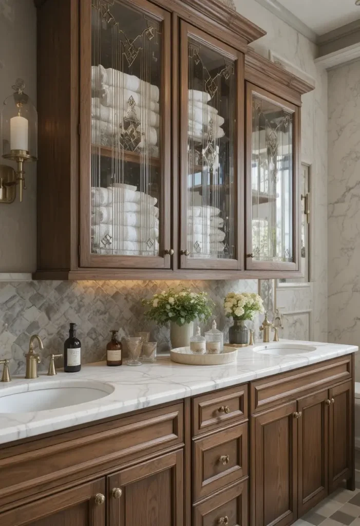 Bathroom cabinets with fluted glass doors displaying organized decorative storage.