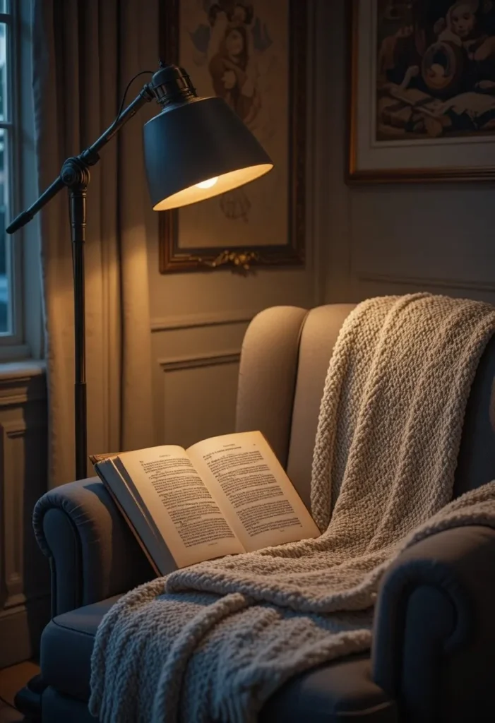 Adjustable floor lamp providing focused reading light beside an armchair.