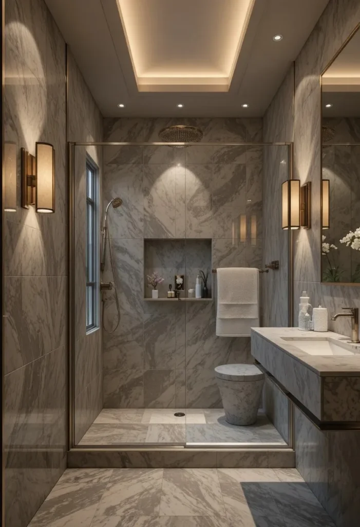 Small bathroom with layered lighting creating a relaxing spa-like walk-in shower experience.
