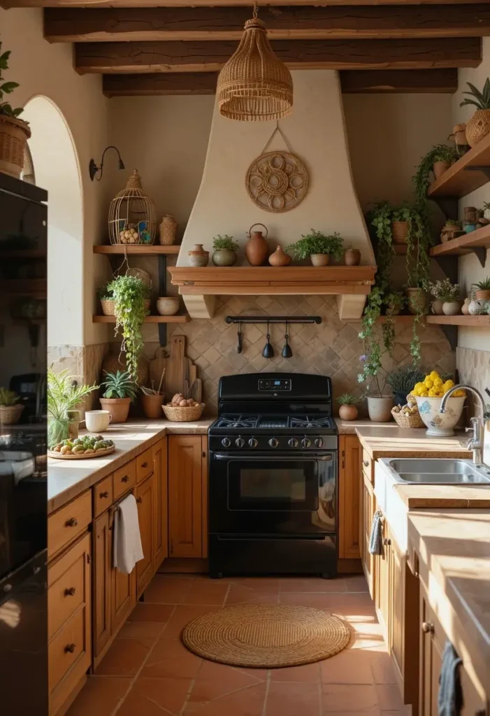 Earthy kitchen with terracotta tones and black appliances