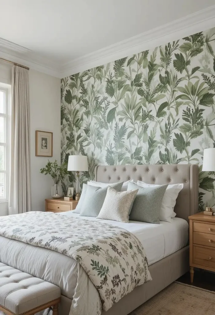 Botanical wallpaper accent wall adding personality and texture to a bedroom.