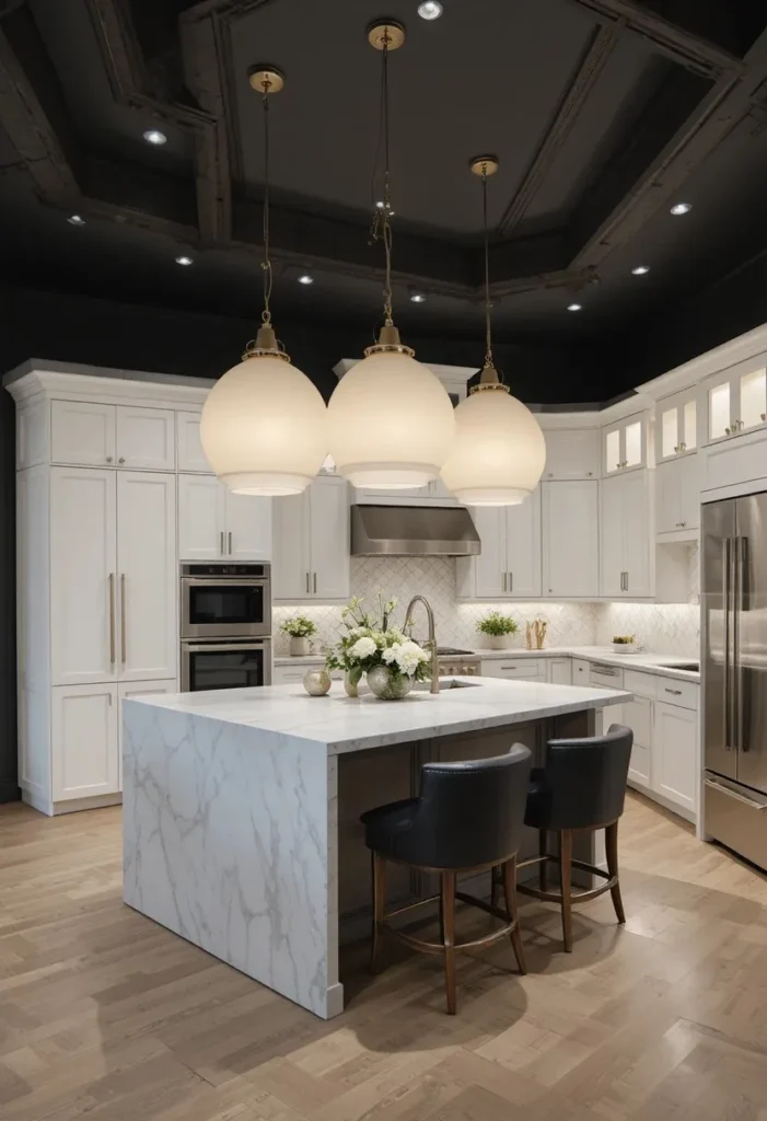 Bold pendant lighting highlighting the island in a one wall kitchen.