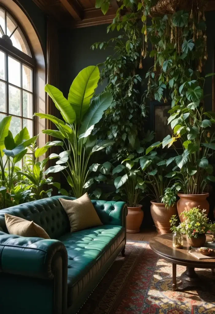 Modern living room featuring a green leather couch with a large round gold-framed mirror above it, bright natural light reflecting through the room, elegant styling, neutral accessories, luxury contemporary interior design