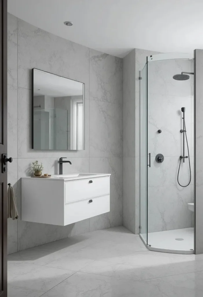 Modern bathroom with pale gray concrete-look floor tiles.