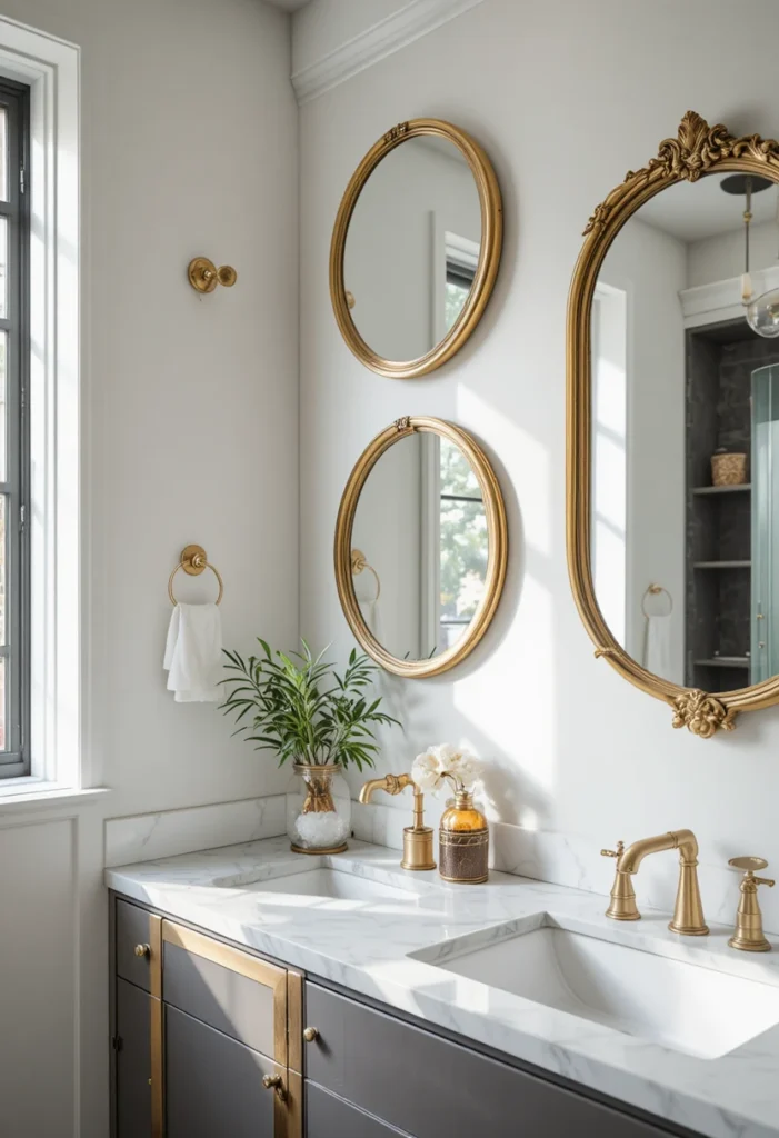 Collection of decorative mirrors in various shapes on a bathroom wall.