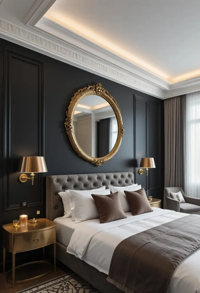 Luxury black bedroom with elegant gold accents and warm lighting