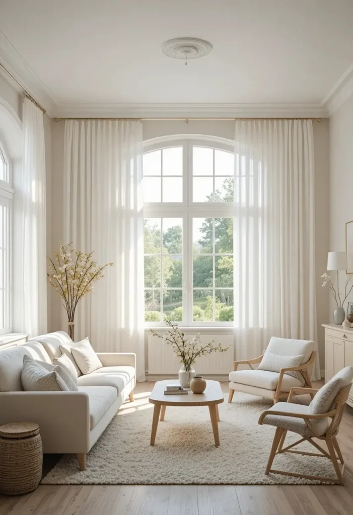 White curtains enhancing brightness in a sun-filled living room.