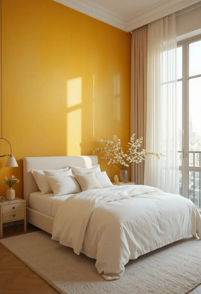 Yellow ombre bedroom wall creating a soft sunrise-inspired gradient effect behind the bed.