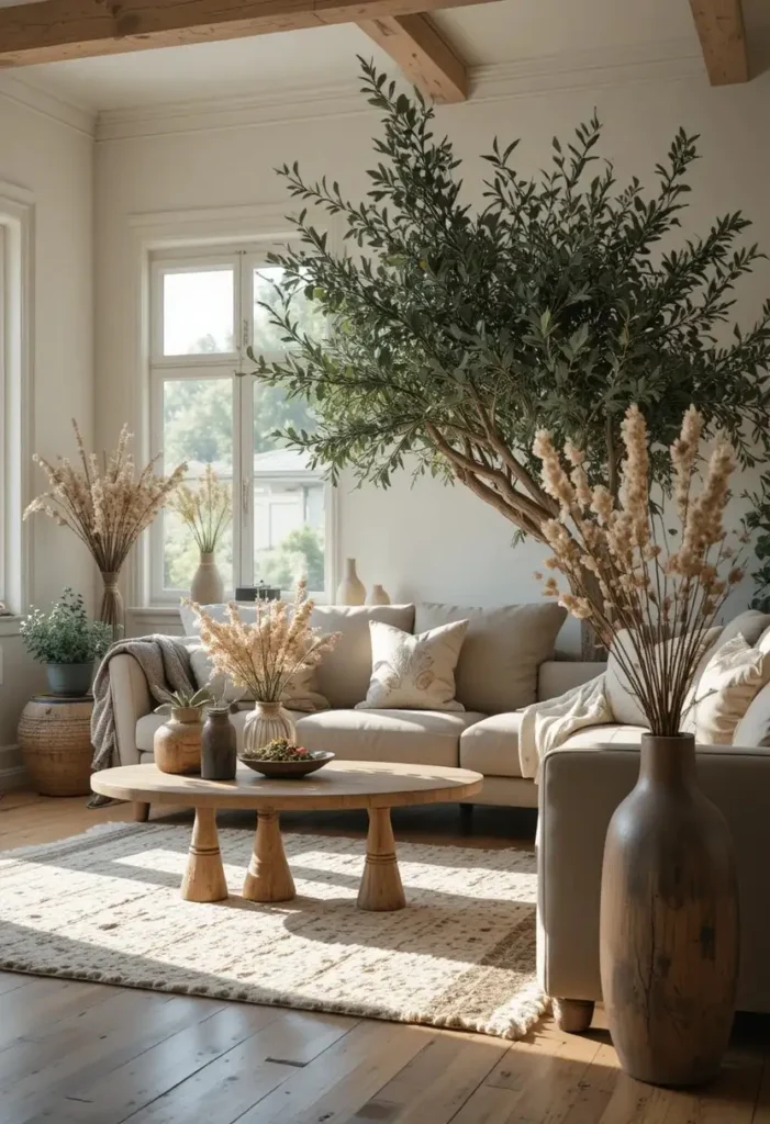 Natural greenery bringing freshness and life to a cozy farmhouse living room.