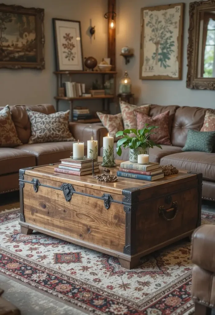 Rustic wooden trunk coffee table in a cozy boho living room.