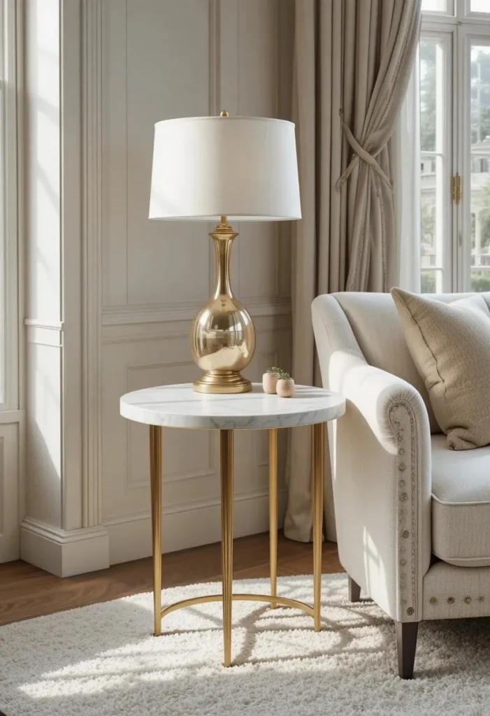 Marble-top side table with gold legs styled beside a cream sofa in an elegant living room.