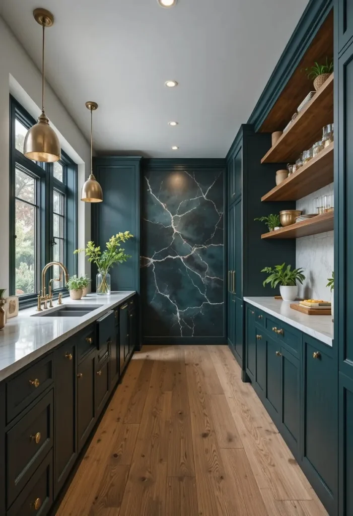 Long kitchen with bold accent wall creating depth and focus