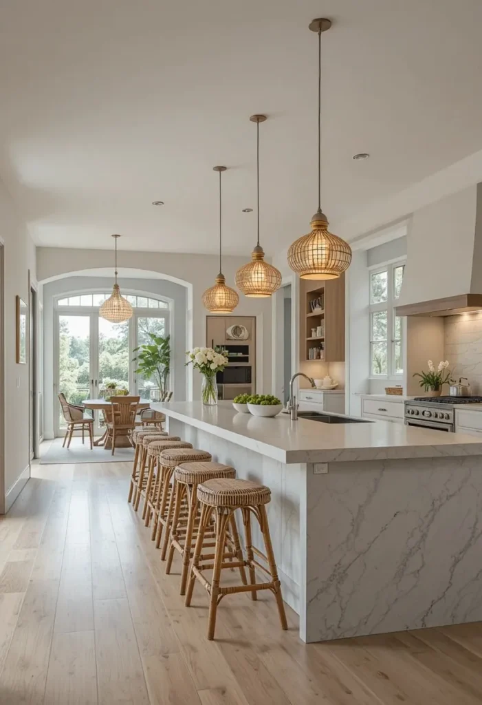 Long kitchen featuring a cozy breakfast bar seating area at one end