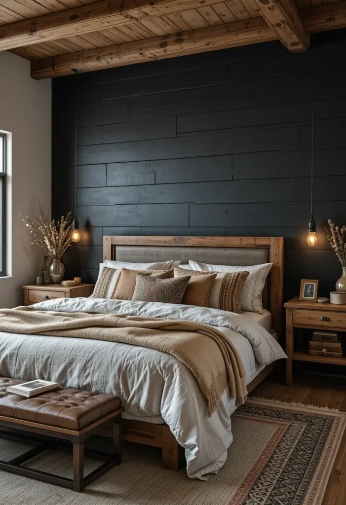 Black shiplap accent wall paired with wood furniture and linen bedding.