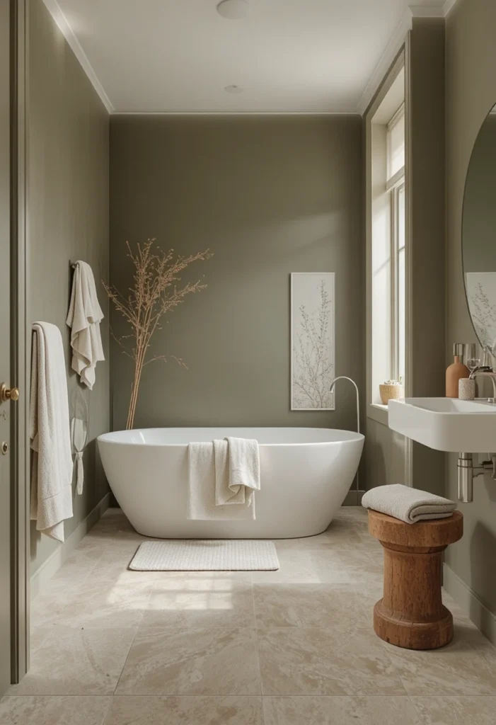 Olive green bathroom paired with natural stone and earthy textures