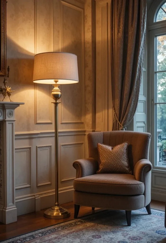 Brushed brass floor lamp adding warmth and elegance to a living room.
