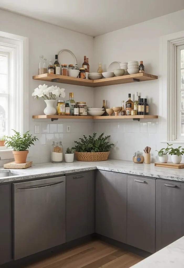 Corner shelving transforming unused kitchen space into practical storage.