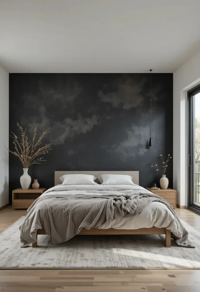 Black limewash accent wall with rich texture and natural bedroom decor.
