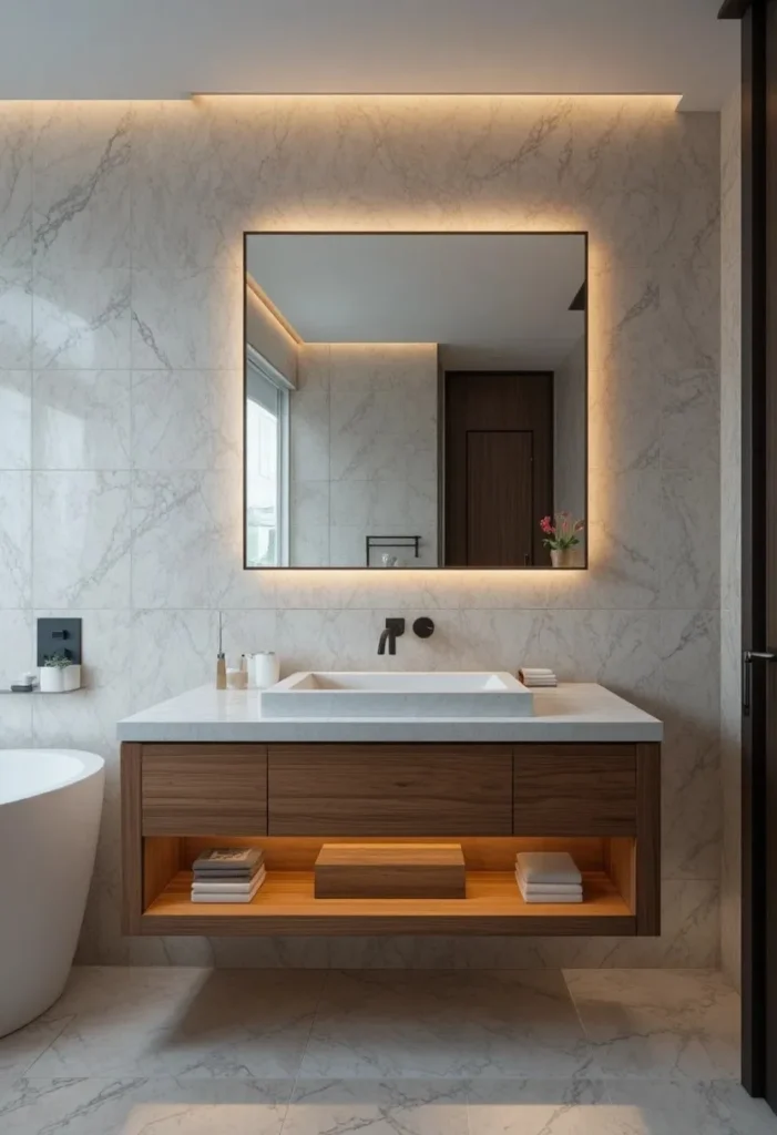 Modern floating bathroom vanity with hidden storage and warm LED lighting.