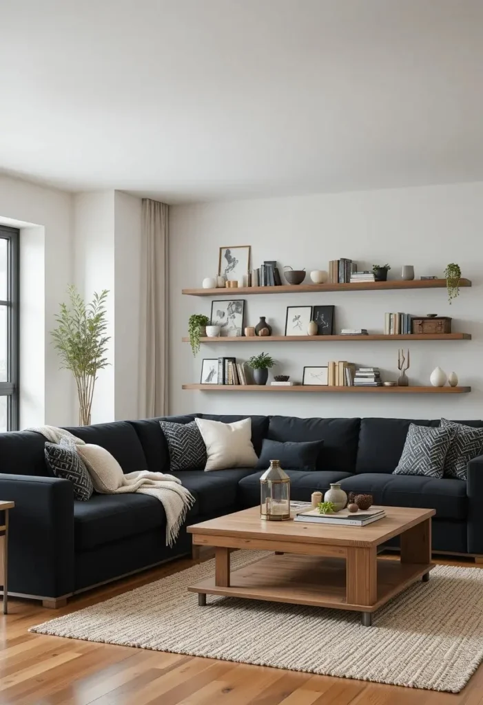 Black couch complemented by warm wooden furniture and accents.