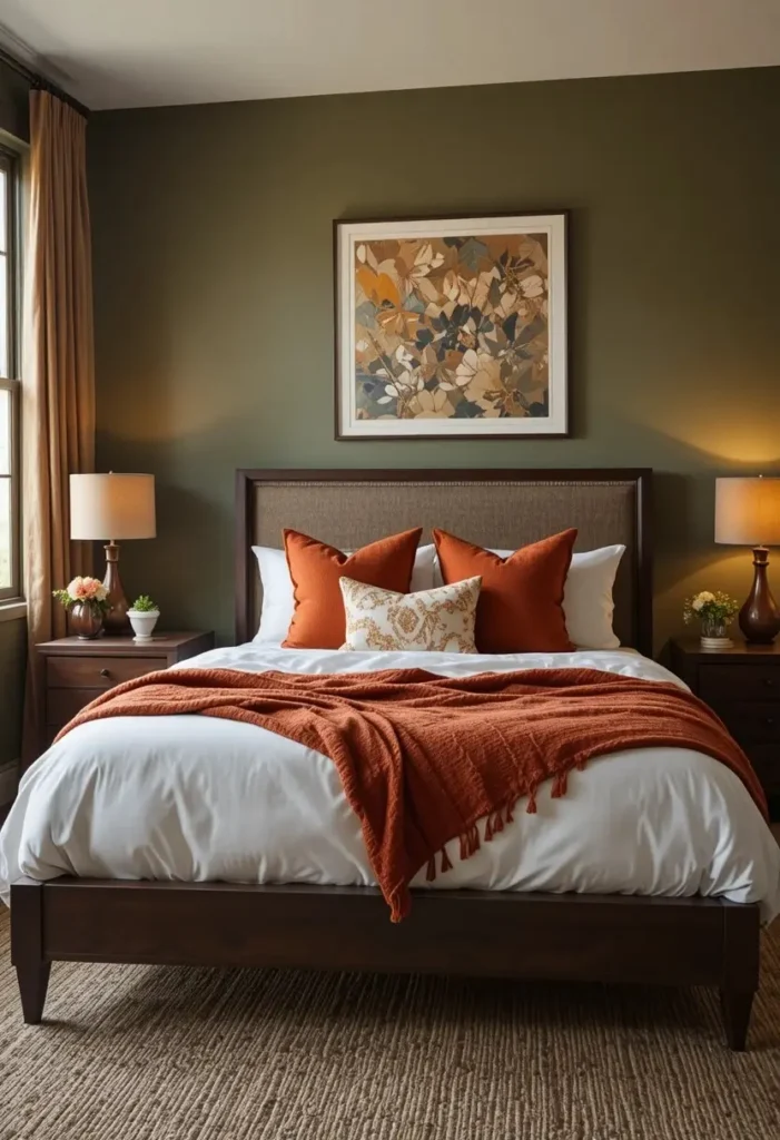 Olive green accent wall paired with terracotta accents and walnut furniture.