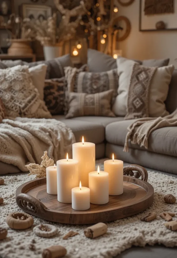 Candles and natural decor creating a warm boho living room ambiance.