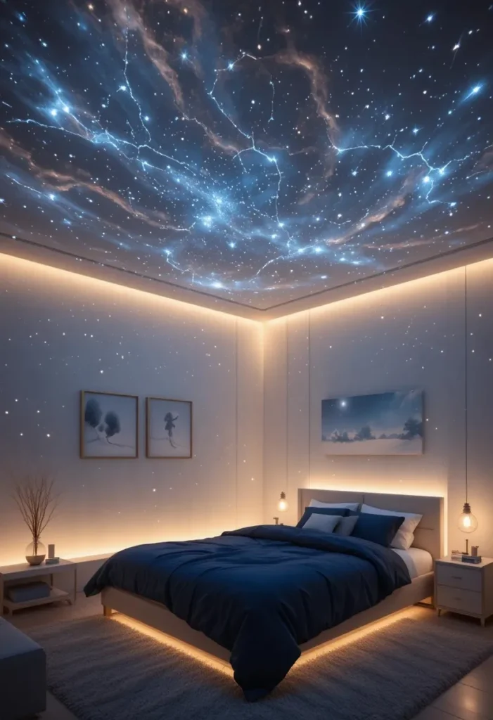Constellation projector filling a bedroom with moving stars and galaxy lights.
