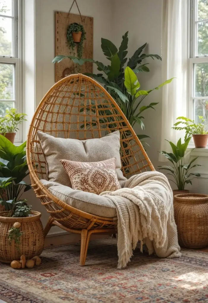Comfortable papasan chair creating a relaxed boho seating corner.