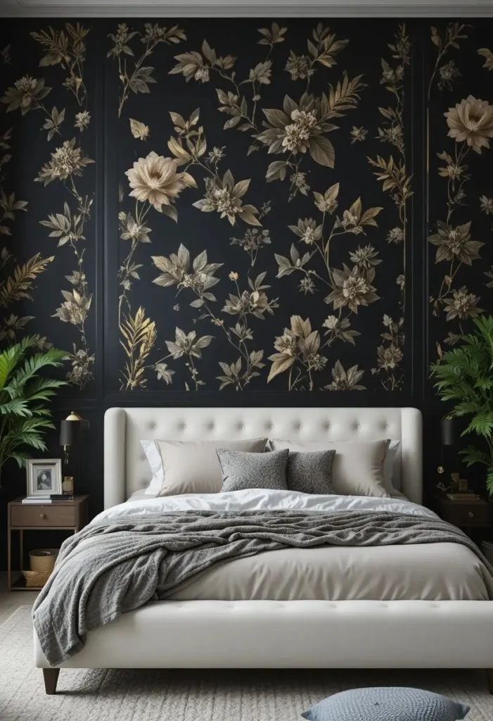 Black botanical wallpaper accent wall with gold details in a luxury bedroom.