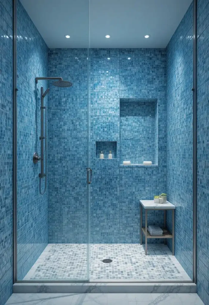 Walk-in shower with blue mosaic tiles creating a relaxing spa-inspired bathroom.
