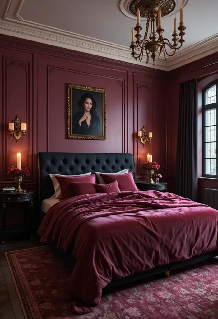 Romantic bedroom featuring deep rose tones and elegant black accents.