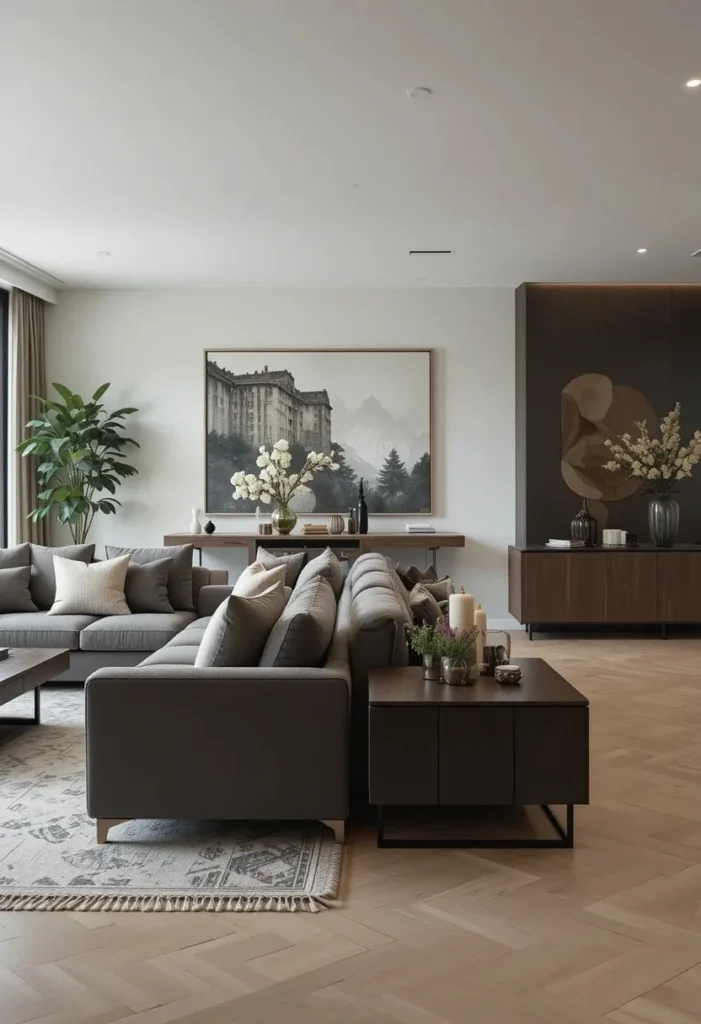 Sofa placement naturally dividing living and dining spaces.