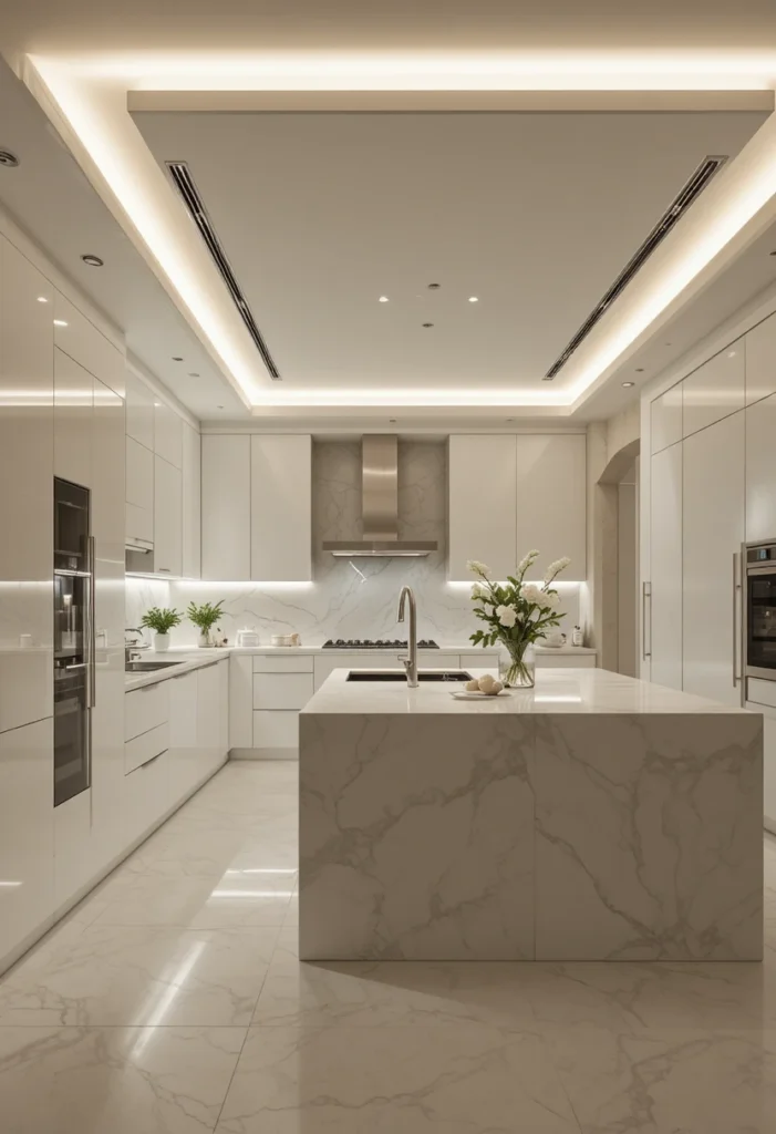 Modern kitchen with integrated recessed LED ceiling lighting.