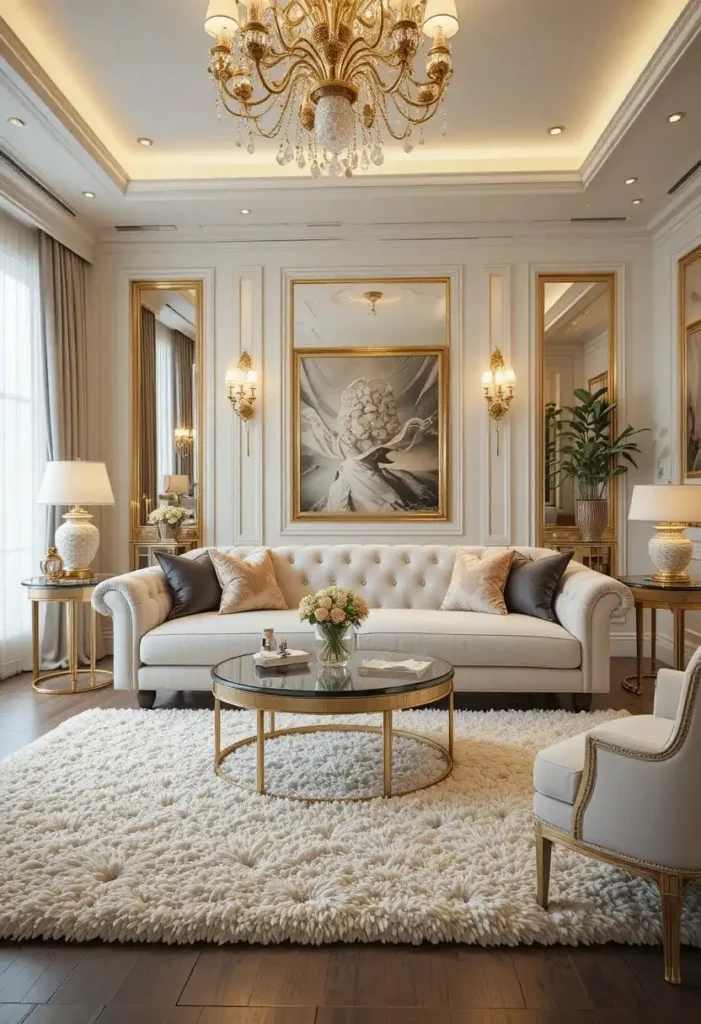 White velvet couch creating a luxurious and glamorous living room.