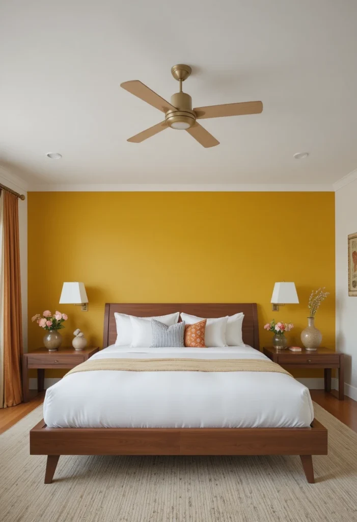Mustard yellow accent wall adding retro warmth to a mid century modern bedroom.