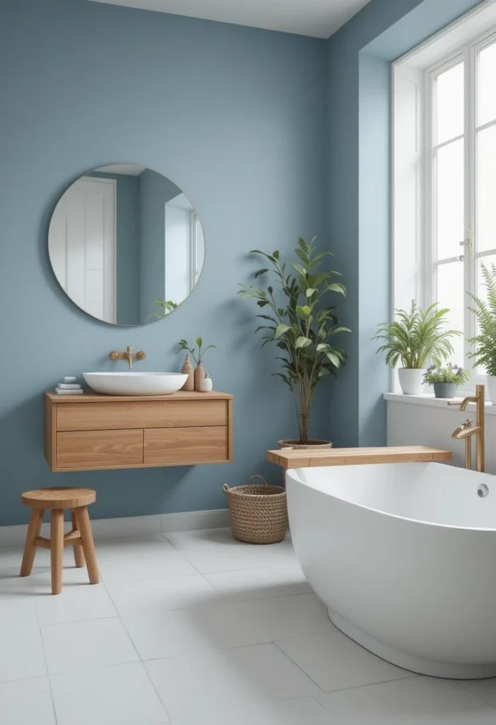 Blue bathroom paired with natural oak and teak accents for a warm organic spa feel.
