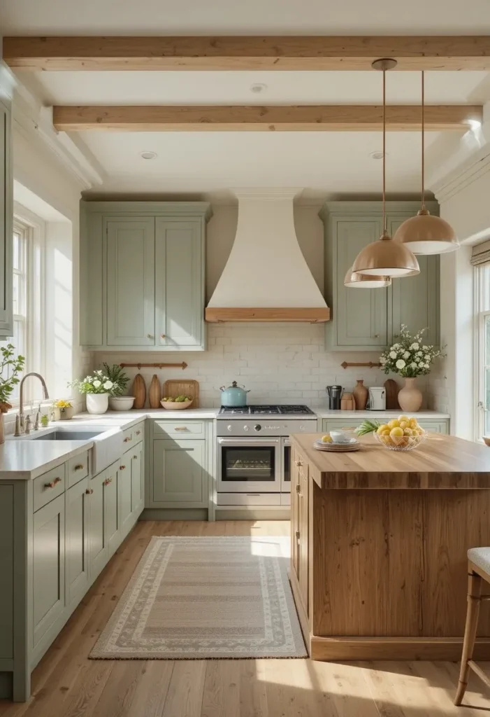 Sage green L-shaped kitchen paired with a warm natural wood island.