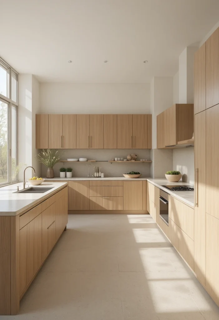 Matte white oak Japandi kitchen cabinets with warm neutral finishes and minimalist styling.